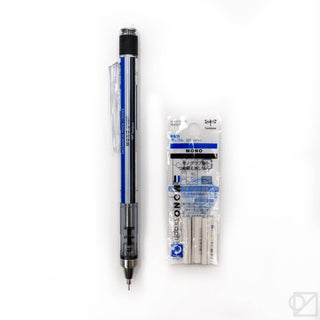 Blue and black mechanical pencil with clear eraser refill pack