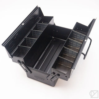 Cantilever toolbox with extended trays and multiple organizer bins, matte black