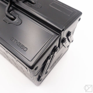 Matte black toolbox close-up showing ST-350 marking and corner latches