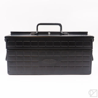 Matte black cantilever toolbox front view with carry handle and molded grid
