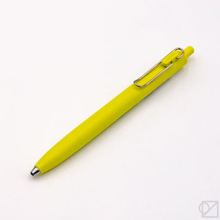 Uni-Ball One F 0.38mm gel pen, bright yellow barrel with metal clip and tip