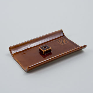 Brown incense burner tray with square incense holder and metal cup