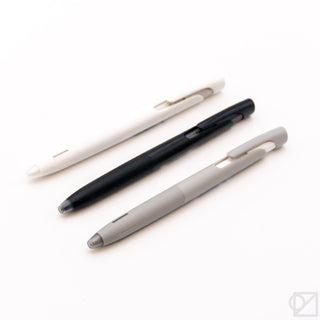 0.5 mm gel pen, white and black barrels with side clips and pointed tips